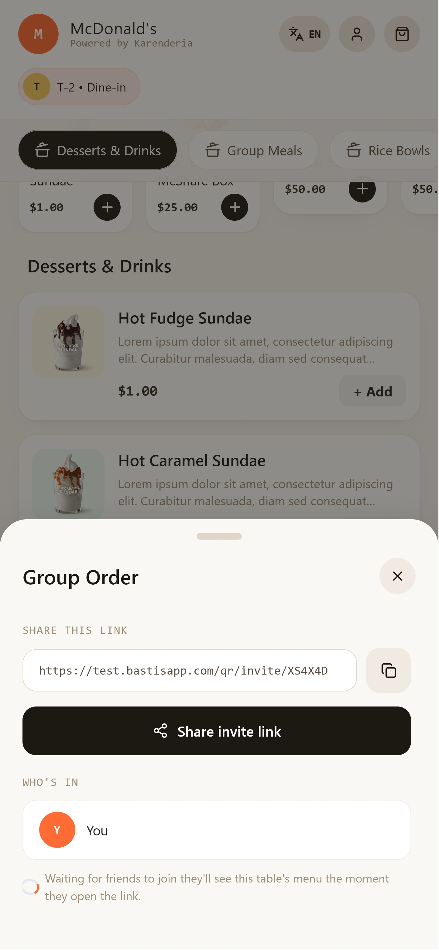 Guest invitation screen with share link