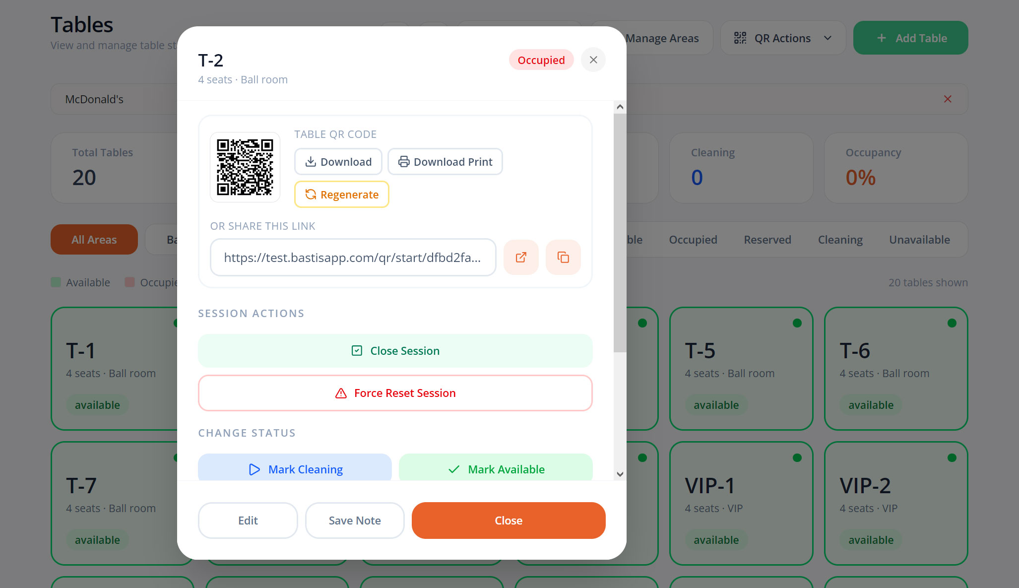 Tables management screen in the merchant panel